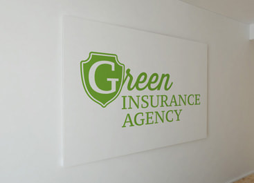 Green Insurance Agency logo printed on a wall